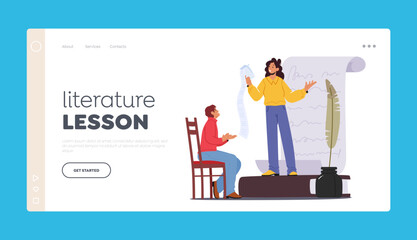 Literature Lesson Landing Page Template. Poet Girl Reading Poem To Listener. Creative Character Presenting Poetries