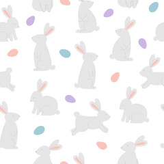 Seamless pattern with cute rabbits and eggs on white background. Template for Easter decor, invitation, cards.
