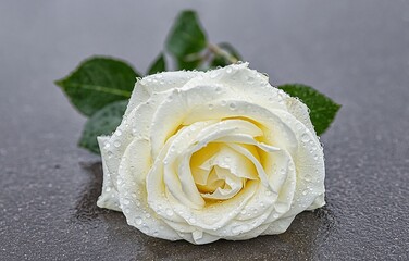 eine auf einem grauen Stein niedergelegte, gelbe Rose auf gefrorenem Untergrund zum Ausdruck der...