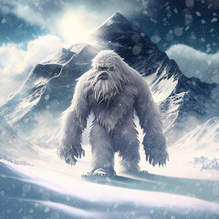 Yeti in the snow covered Himalaya mountains, mysterious furry creature walking in the frozen nature, Illustration, gernative ai  - obrazy, fototapety, plakaty