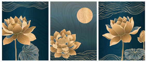 A minimalistic cards flower lotus with mountains and an art deco style. Smooth gold lines on a dark blue prestigious background. - obrazy, fototapety, plakaty