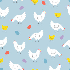Seamless pattern with hens, chickens and eggs. Background for Easter, decor, invitation, cards.