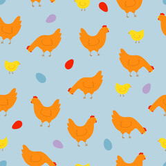 Seamless pattern with colorful hens, chickens and eggs. Background for Easter, decor, invitation, cards.