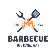 Vintage hipster Grill Barbeque barbecue bbq with fork spatula and fire flame Logo design