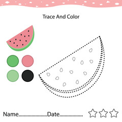 Preschool worksheet for practicingz. Trace watermelon fruit and color for kids. Tracing and coloring skill. tracing worksheet.