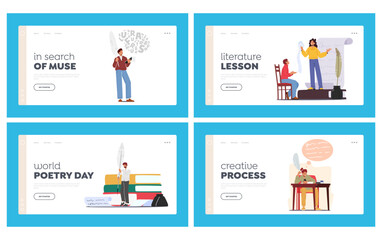 Creative Process Landing Page Template Set. Writers Or Poets Characters Reading And Writing Poetries