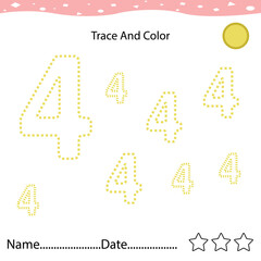 Number four tracing practice worksheet for kids learning to count and to write. Worksheet for learning numbers. Number 4. Training write and count numbers. Coloring exercises