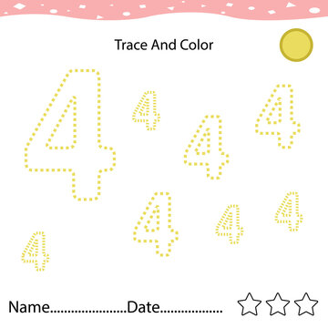Number four tracing practice worksheet for kids learning to count and to write. Worksheet for learning numbers. Number 4. Training write and count numbers. Coloring exercises