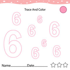 Number six tracing practice worksheet for kids learning to count and to write. Worksheet for learning numbers. Number 6. Training write and count numbers. Coloring exercises