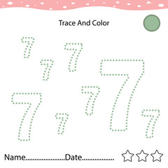 Number seven tracing practice worksheet for kids learning to count and to write. Worksheet for learning numbers. Number 7. Training write and count numbers. Coloring exercises