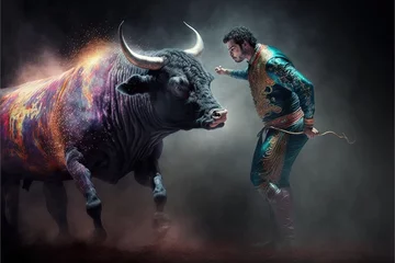 Selbstklebende Fototapeten The corrida bullfighting of the future made with a holographic show the bull is a hologram illustration generative ai © Andrea Izzotti