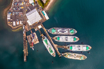 Bainbridge Island, USA - Feb. 23. Vertical aerial view of WA State Ferry Maintenance Facility...