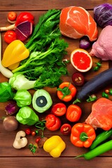 balanced diet, cooking, kitchen and food concept - close up of vegetables, fruits and meat on wooden table - generative ai