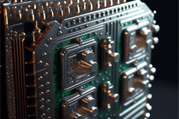 computer mainboard or motherboard electronic circuit board. Technology microelectronics concept background. Macro shot, selective focus. AI generated image