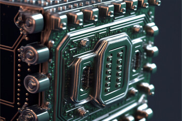 Fototapeta premium computer mainboard or motherboard electronic circuit board. Technology microelectronics concept background. Macro shot, selective focus. AI generated image