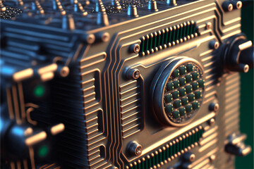computer mainboard or motherboard electronic circuit board. Technology microelectronics concept background. Macro shot, selective focus. AI generated image