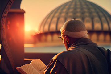 Muslim reading Quran in Mosque at sunset, beautiful religion and knowledge concept, AI generated