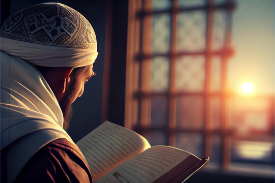 Muslim reading Quran in Mosque at sunset, beautiful religion and knowledge  concept, AI generated Stock Illustration | Adobe Stock