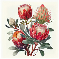 Protea Flower Isolated, African Protea Drawing Imitation, Abstract Generative AI Illustration - obrazy, fototapety, plakaty