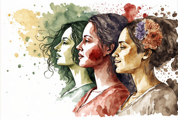 Kobiety namalowane farbami akwarelowymi, ilustracja, Dzień Kobiet, generative ai - obrazy, fototapety, plakaty