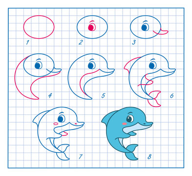 How to Draw Cute Dolphin, Step by Step Lesson for Kids cartoon vector illustration