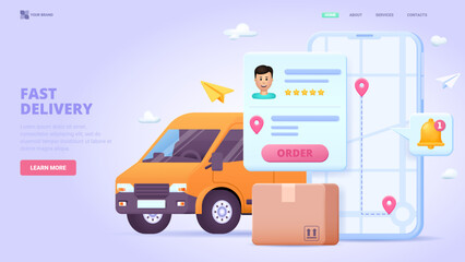 Fototapeta premium Easy order, fast delivery, online order, online shopping with smartphone design concept for landing page. 3d vector illustration with tiny characters for website, banner, hero image.