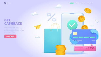 Get cash back, get cashback money easy on card. Design concept for landing page. 3d vector illustration with tiny characters for website, banner, hero image.