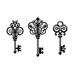 Old Ornate Keys Set on White Background. Vector