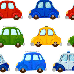 Cars pattern. Seamless pattern with cars of different types and colores. Taxi, police car, car with roof rack. Hight resolution, 300 dpi. White background