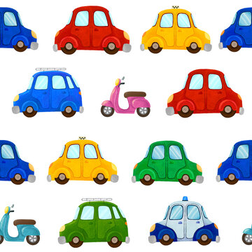 Cars Pattern. Seamless pattern with cars of different types and colores. Taxi, police car, car with roof rack, scooters. Hight resolution, 300 dpi. White background