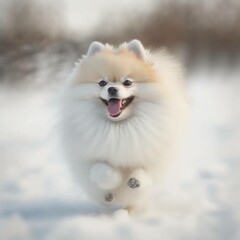 Fototapeta premium A Pomeranian running in the snow