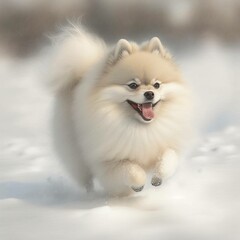 A Pomeranian running in the snow