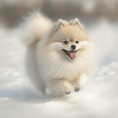 Fototapeta premium A Pomeranian running in the snow