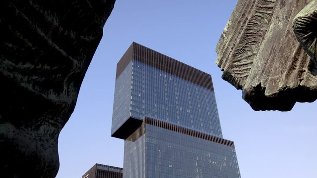 .KTW office building and Silesian Insurgents Monument in Katowice, Poland, 4k video