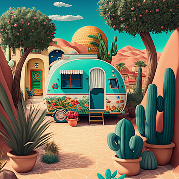 Cartoon fantasyland: cute funny trailer in tropical camping landscape with vivid colors, made with generative AI