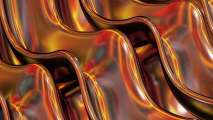 Flaming red sine wave mirrored metal plate abstract, dramatic, modern, luxurious and upscale 3D rendering graphic design elemental background material.