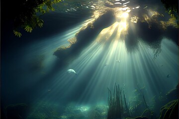 Sun beams under water. Generative AI