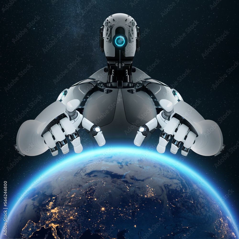 Poster a cyborg robot stretches its arms over planet earth, controlling it like a puppet. artificial intell