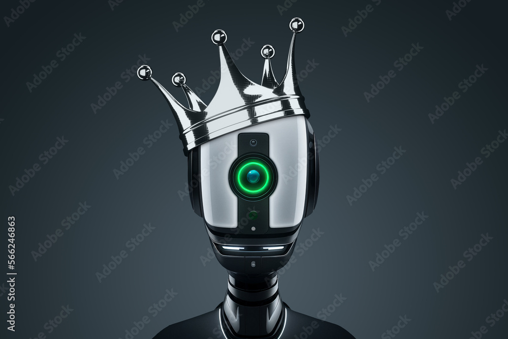 Poster a robot cyborg head in a golden crown. artificial intelligence controls humanity, future, neural net