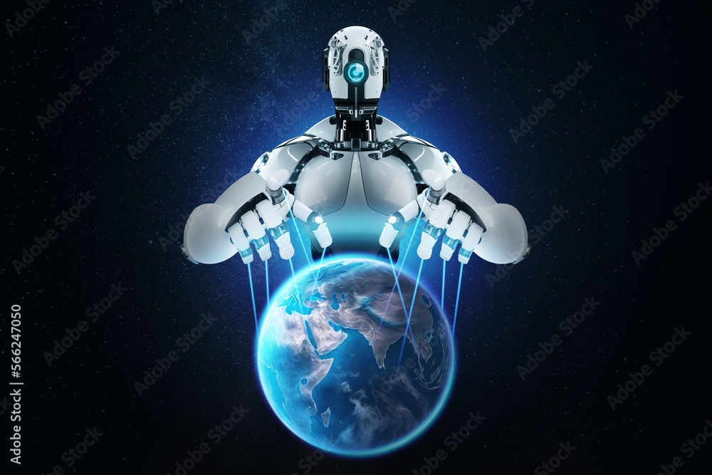 Poster a cyborg robot stretches its arms over planet earth, controlling it like a puppet. artificial intell