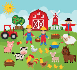 Obraz na płótnie Canvas Farm vector clipart. Livestock. Farmers boy and girl. Farm yard.