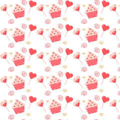seamless pattern with hearts, and ice cream. lollipops, cupcakes, on white background. vector illustrator, valentines day
