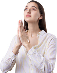 Portrait of a serious young woman showing stop gesture with her palm over white background