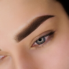 Permanent eyebrow makeup in the powder technique. Close-up eyebrow tattooing gentle eyebrow contouring in permanent makeup. - obrazy, fototapety, plakaty