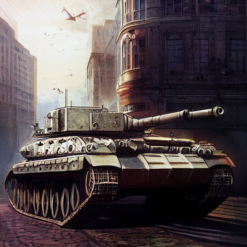 War Concept. Tank fire in the city battle. Military fighting scene on war fog sky background, World War Tank. include "Generative AI"
