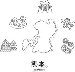 日本の熊本県のグルメ観光アイコンセット（線画白黒）