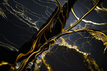 Obraz na płótnie Canvas abstract black marble background with golden veins, japanese kintsugi technique, pattern of glowing roots, fake painted artificial stone texture, marbled surface, digital marbling illustration 