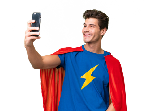 Super Hero caucasian man over isolated background making a selfie