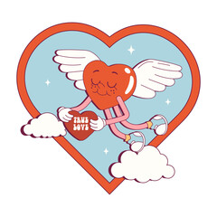 Groovy lovely isolated hearts stickers cupid. Love concept. Happy Valentines day. Funky happy heart character in trendy retro 60s 70s cartoon style. Vector illustration in pink red colors.