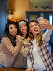 Portrait of friends taking selfie at home
